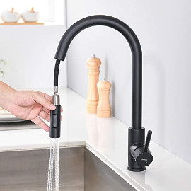 Lonheo Wasserhahn Küche Schwarze, 360° Drehbar Küchenarmatur Ausziehbar, Hochdruck Mischbatterie mit Brause Zwei Wasserstrahlarten, Edelstahl Spültischarmatur für Küche