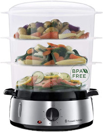 Russell Hobbs Dampfgarer 9,0l (60 Minuten Timer + Abschaltautomatik), 3 spülmaschinengeeignete Dampfgarbehälter + Reisschale + 6 Eierhalter, BPA-frei, Dampfkocher Cook@Home 19270-56, Edelstahl/Schwarz
