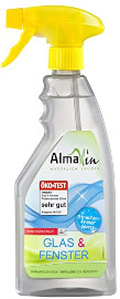 AlmaWin Glas & Fenster 500 ml I Umweltfreundlicher Glasreiniger für eine streifenfreie Reinigung I Für alle wasserfesten Oberflächen I Frei von synthetischen Duft- & Farbstoffen I Vegan