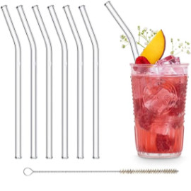 HALM Glas Strohhalme Wiederverwendbar Trinkhalm - 6 Stück gebogen 20 cm + plastikfreie Reinigungsbürste - Spülmaschinenfest - Nachhaltig - Glastrinkhalme Glasstrohalme