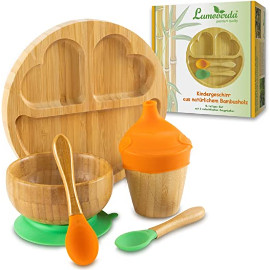 LUMOVERDA Kindergeschirr-Set aus Bambus, melaminfrei – Baby-Geschirr rutschfest – Kinderteller mit Saugnapf (extra groß), Müsli-Schüssel, Trinklernbecher, 2 Löffel