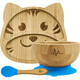 natural styles & more® Bambus Kindergeschirr Set⎪4-Teiliges Kinder Geschirrset⎪Bambus Schüssel und Teller mit Saugnapf inkl. 2 Löffel⎪Ideal für Baby Led Weaning⎪Twin Pack Cuty Cat (Blau)