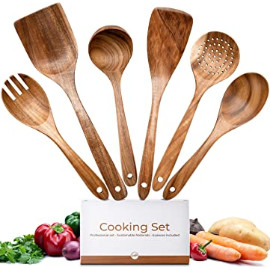 Troster® Küchenutensilien Set Holz - 100% FSC - Pfannenwender Holz, Kochlöffel Holz, Suppenkelle Holz, Schaumlöffel Holz - Küchenhelfer Set Holz - Kochbesteck Set Holz - Kochutensilien Set Holz