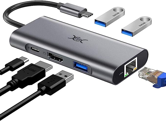 YXwin USB C Hub, 6 in 1 Type C USB C Adapter mit 4K HDMI 1000M Gigabit Ethernet RJ45, Typ C Stromversorgung, 3 USB 3.0 Anschlüsse für MacBook Pro/Air, Samsung S9 S10, Huawei und Anderen USB C Geräte